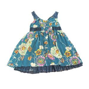 FREE PEOPLE Blue Lace Floral Lined V-Neck Empire Waist Dress Women’s Size 8 EUC